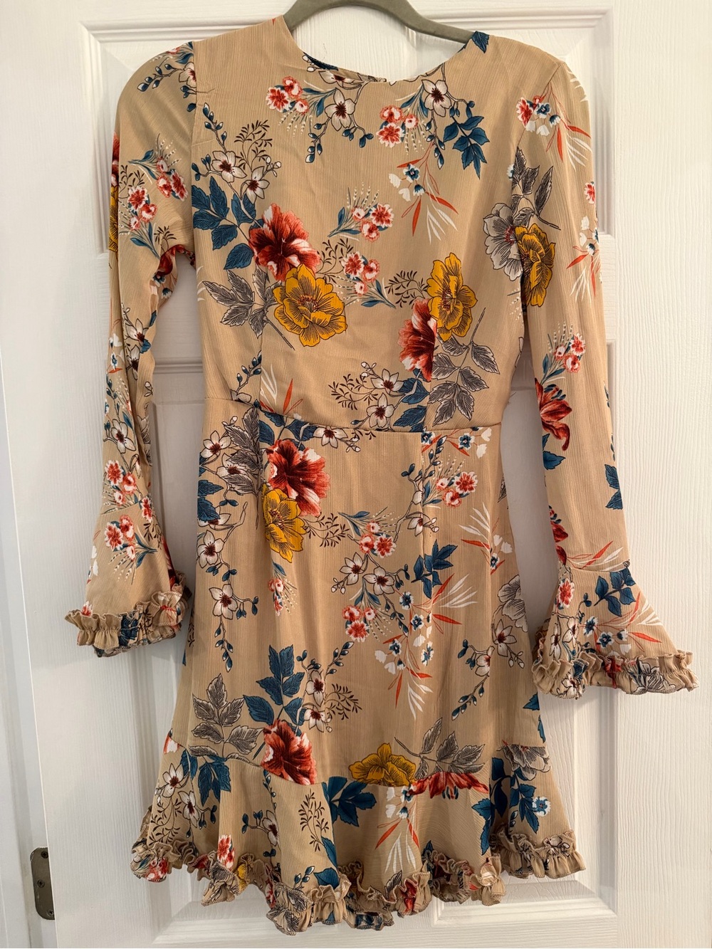 Size Small Beige Floral Long-Sleeve Midi Dress with Ruffle Hem
